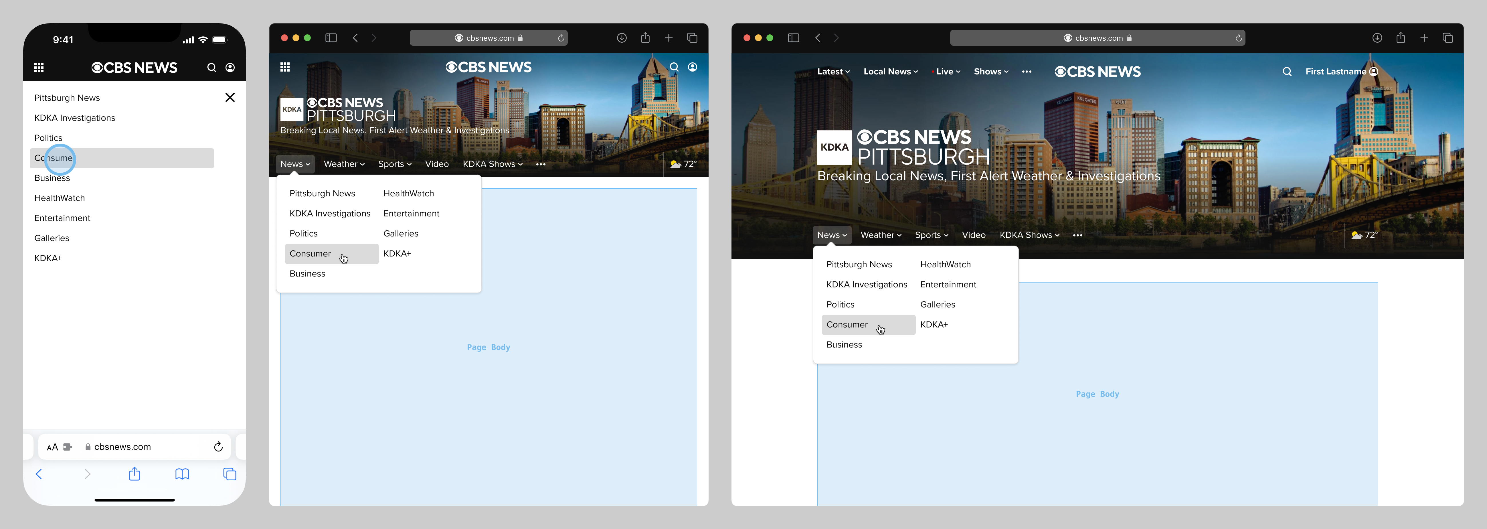 CBS News web secondary nav flyouts, shown at three representative breakpoints.