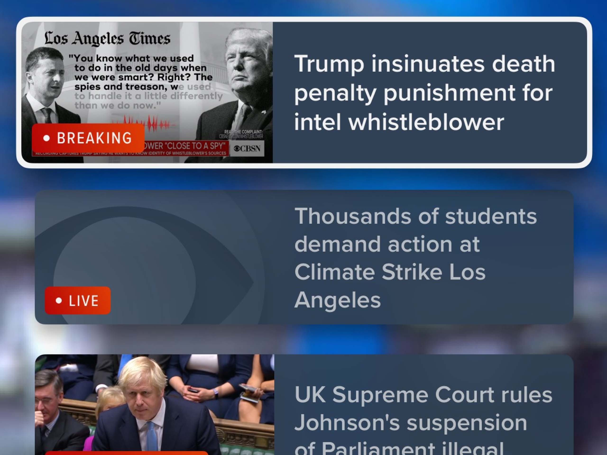 A screenshot of the CBS News video push alert feature.