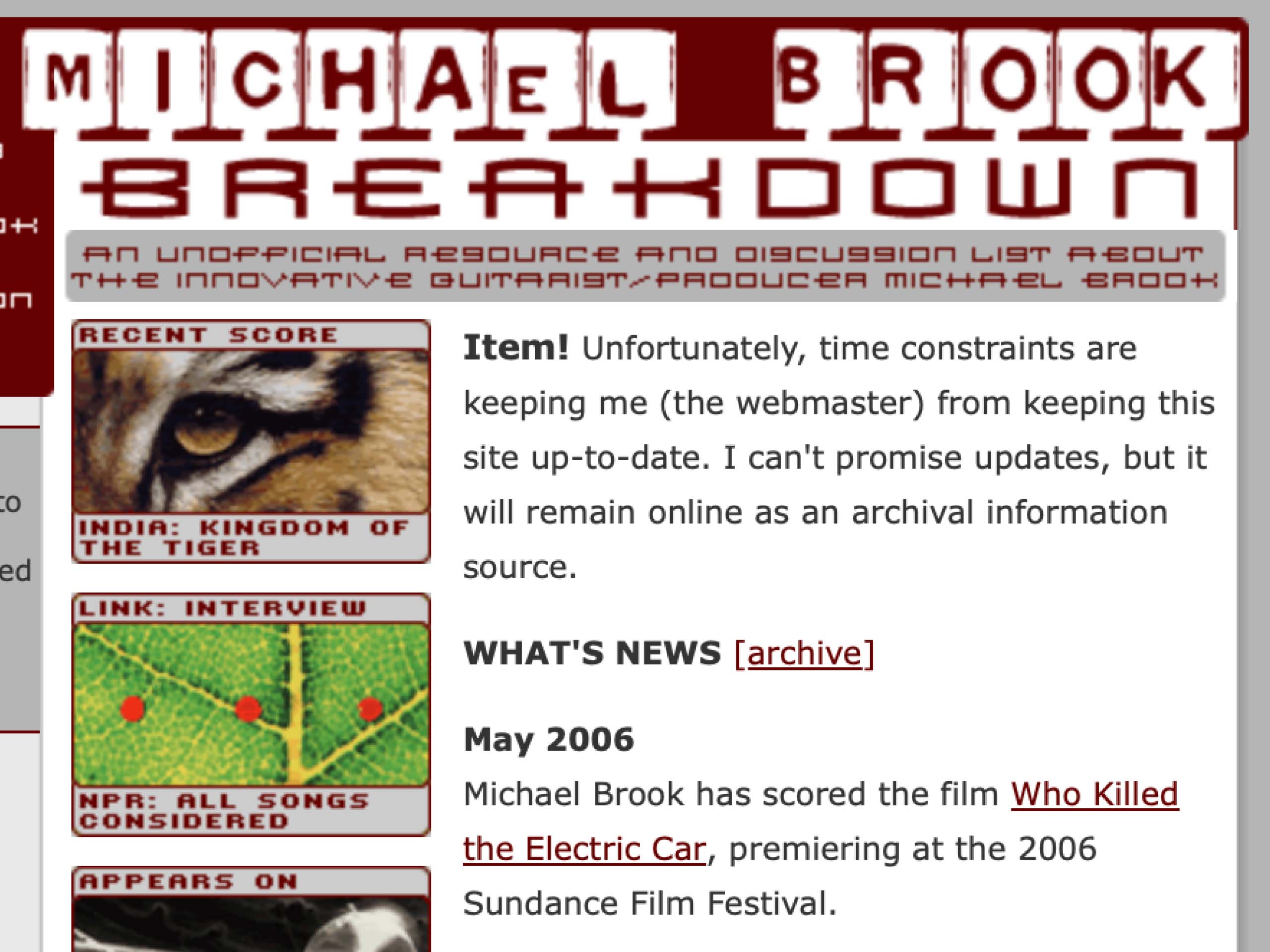 A screenshot from the Breakdown music fan site.