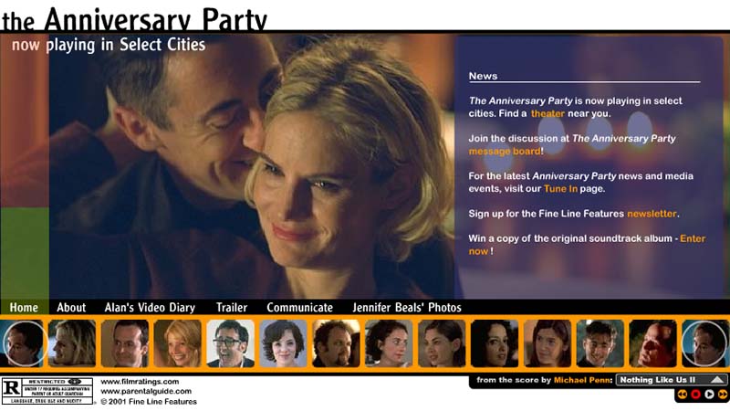 A screenshot of The Anniversary Party official website home wcreen.