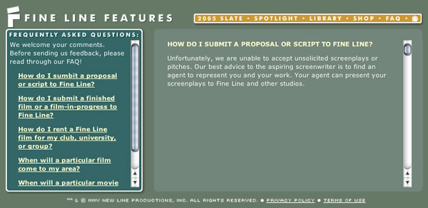 Fine Line Features - FAQ Screen