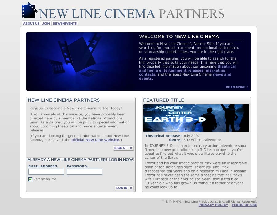A screenshot of the New Line Cinema Partners website homepage.