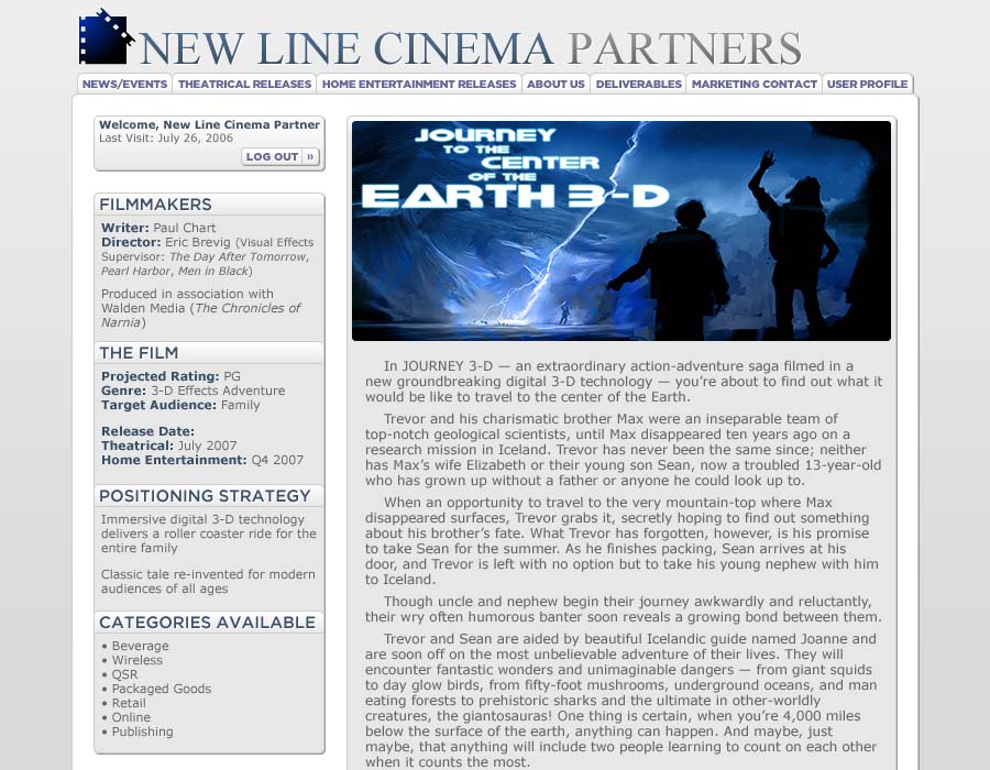 A screenshot of the New Line Cinema Partners title page.