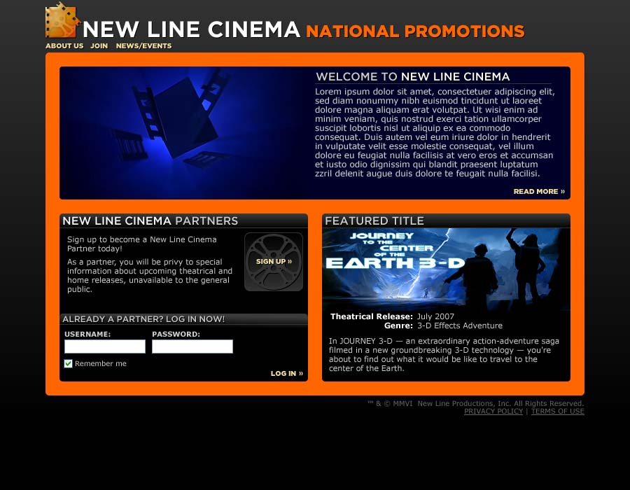 A screenshot of the New Line Cinema National Promotions website homepage.