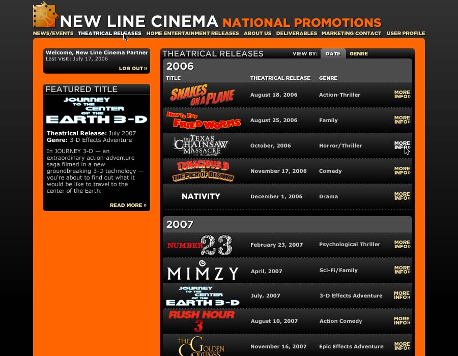 A screenshot of the New Line Cinema National Promotions theatrical releases page.
