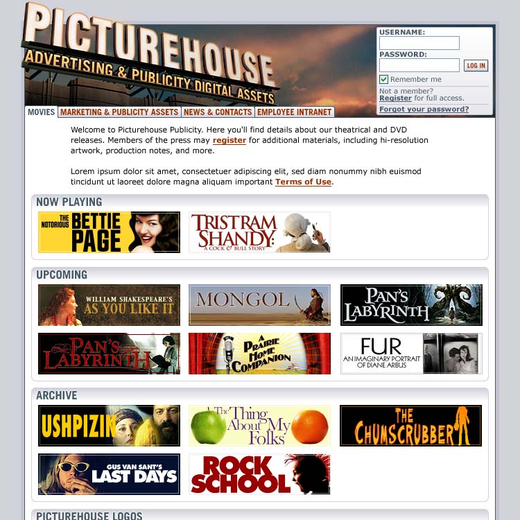 A screenshot of the Picturehouse Extranet homepage.
