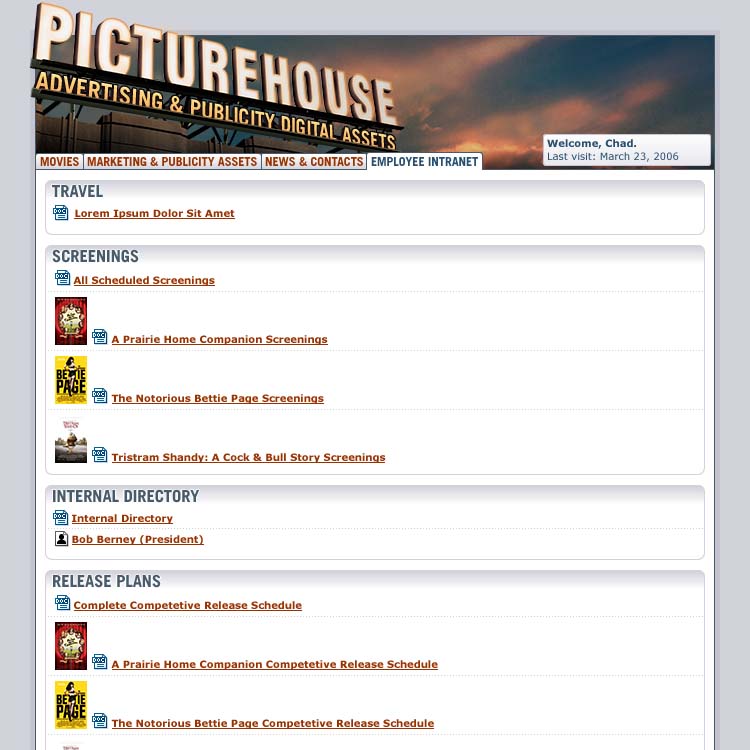 A screenshot of the Picturehouse Extranet Employee Intranet Screen.