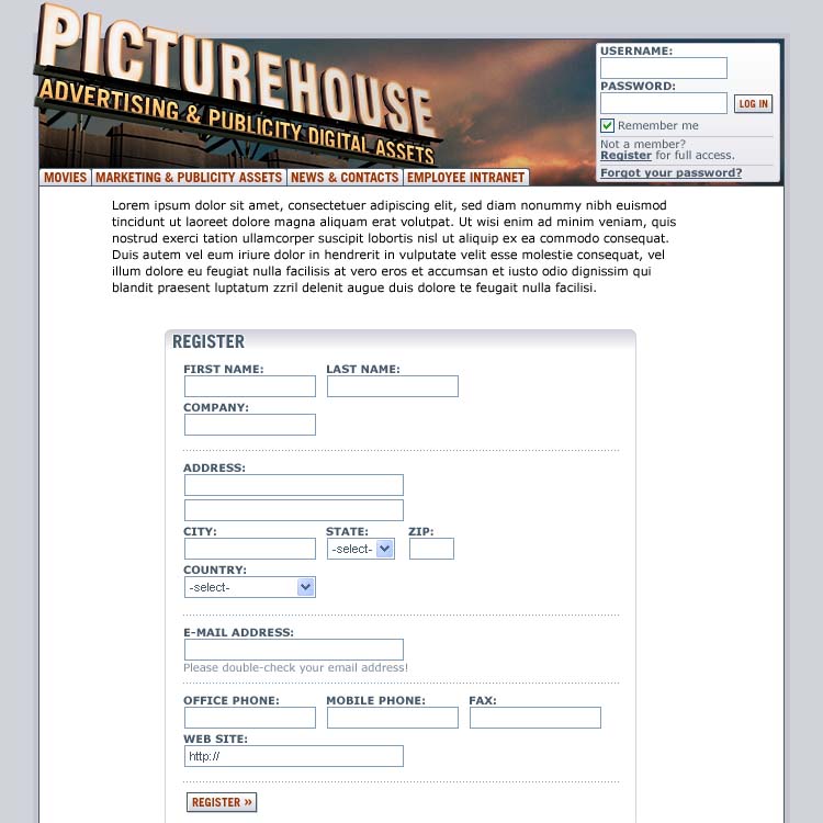A screenshot of the Picturehouse Extranet registration screen.