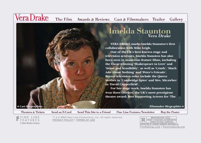 A screenshot of the Vera Drake website About the Film Screen.