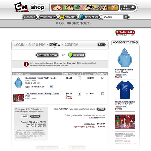 Cartoon Network Shop - Shopping Cart Screen