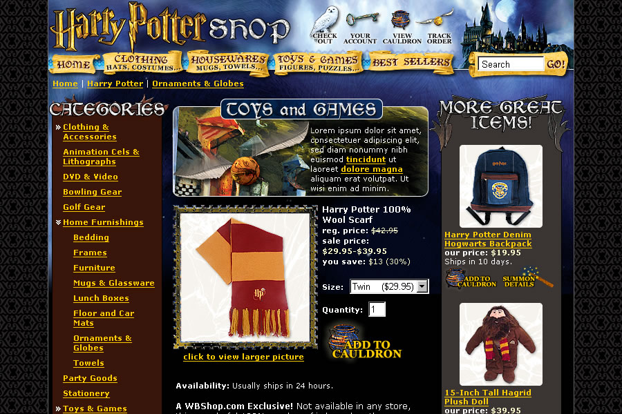 Harry Potter Shop - Category Screen